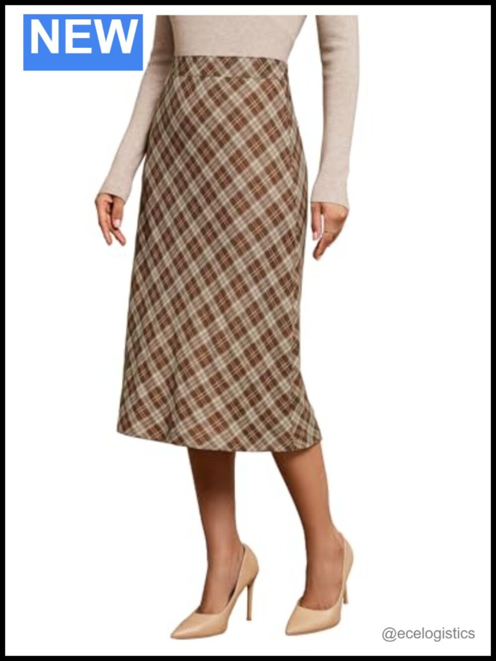 High Waisted Plaid Midi A-Line Skirt with Elastic Waist & Zipper for Casual